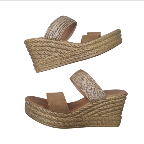 Mariella Suede Leather Woven Natural Slip On Wedge Sandals Size 7 - Picture 1 of 11